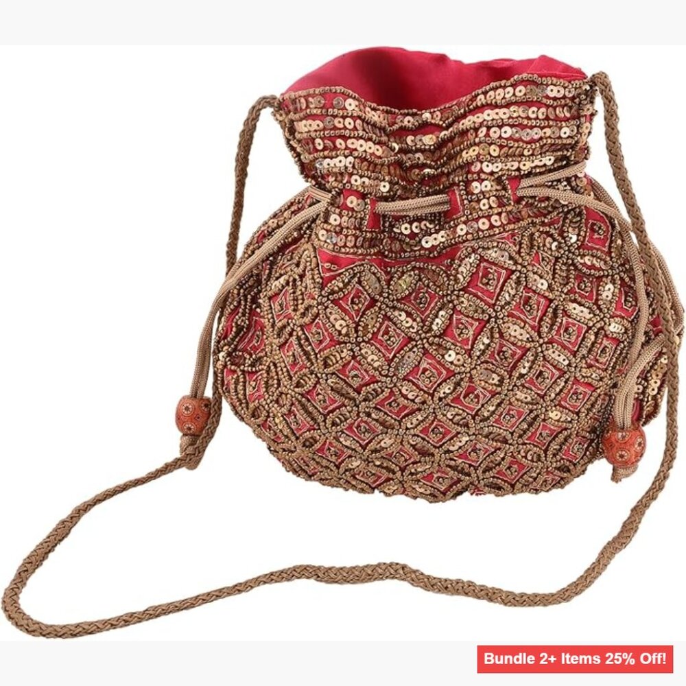Embroidered Silk Potli Bag Clutch with Pearls Handle for Evening Events